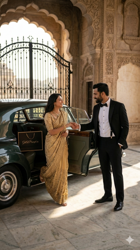 Groom opening vintage car door bride stepping out royal pre wedding