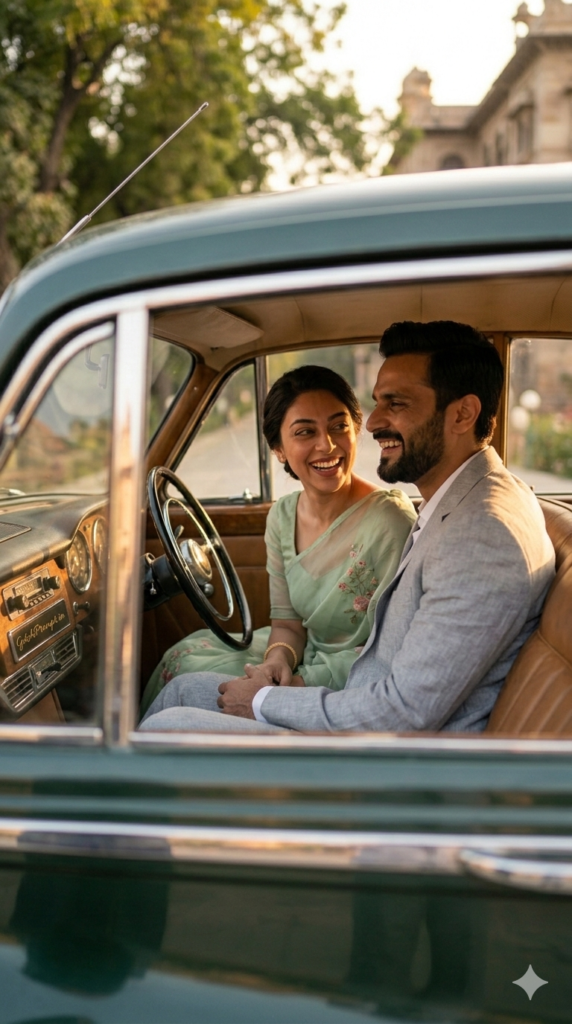 Candid laughing conversation inside vintage car romantic road trip photoshoot
