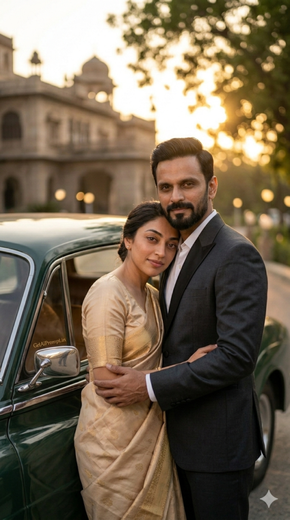Bride resting on grooms shoulder serene bollywood romantic photoshoot