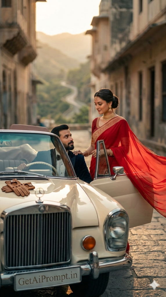 Groom sitting in driver seat bride leaning editorial vintage road trip ai portrait