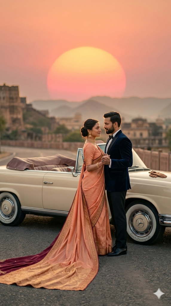 Romantic sunset silhouette pre wedding photoshoot vintage car glowing ai photography