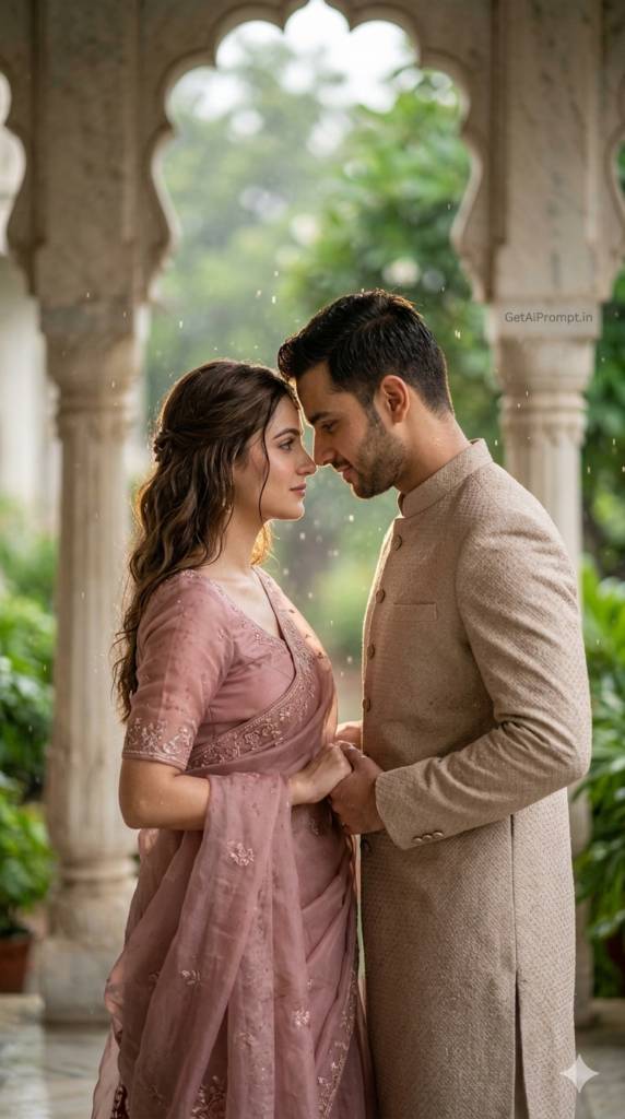 1 The Heritage Rain Pavilion Romance Indian Monsoon Pre Wedding AI Prompt