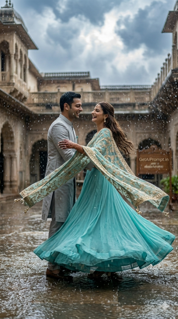 5 The Joyful Monsoon Twirl Dynamic Pre Wedding Shoot AI Prompt