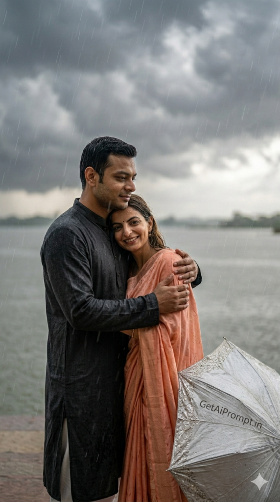 8 The Monsoon Protective Embrace Cinematic Back Hug AI Wedding Prompt
