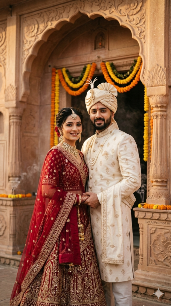 Sacred Royal Entrance AI Pre-Wedding Prompt and Majestic Heritage Temple Photoshoot