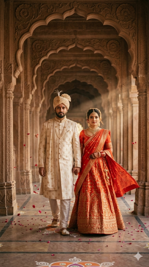 The Golden Corridor Walk AI Portrait Prompt and Traditional Indian Bride and Groom Stroll