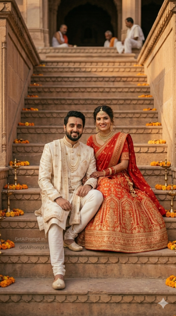 Regal Temple Steps Indian Wedding Photography Prompt and Intimate Stone Step Pose