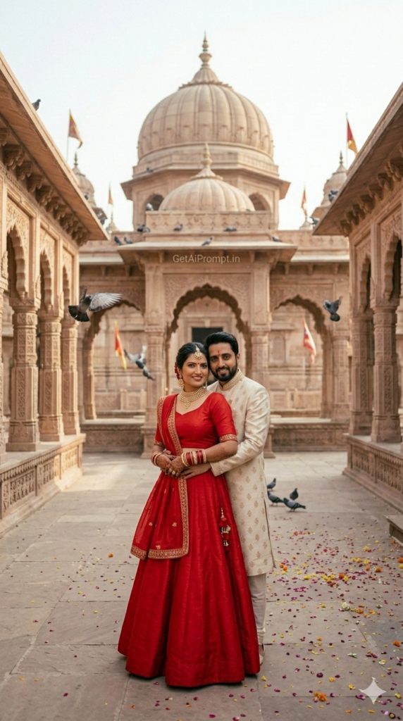 Sacred Courtyard Embrace Wide Environmental Indian Wedding Portrait