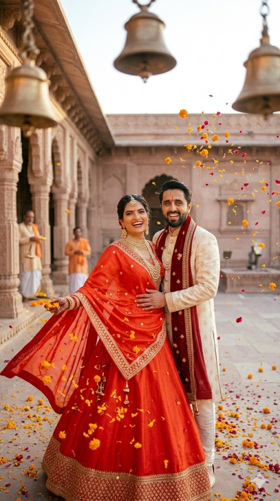 Euphoric Petal Shower Dynamic Action AI Indian Wedding Portrait