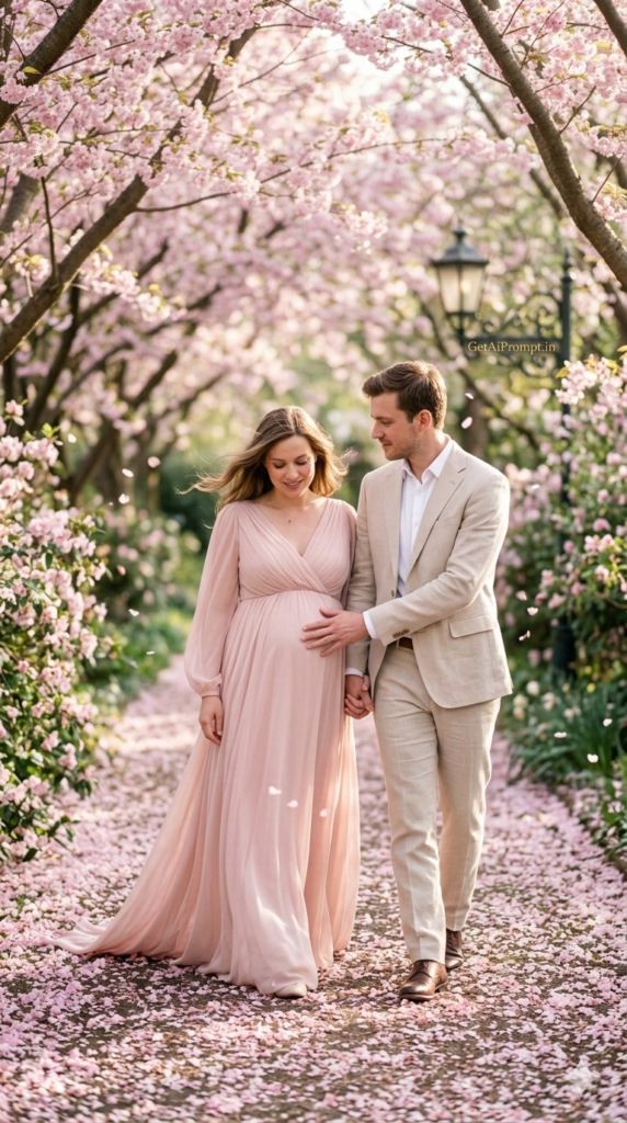 The Blossom Pathway Walk Cinematic Maternity Portrait
