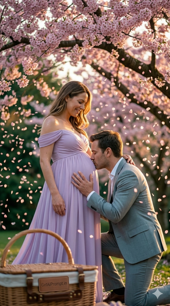 Belly Kiss Under Petal Rain Editorial Storytelling Maternity Shoot