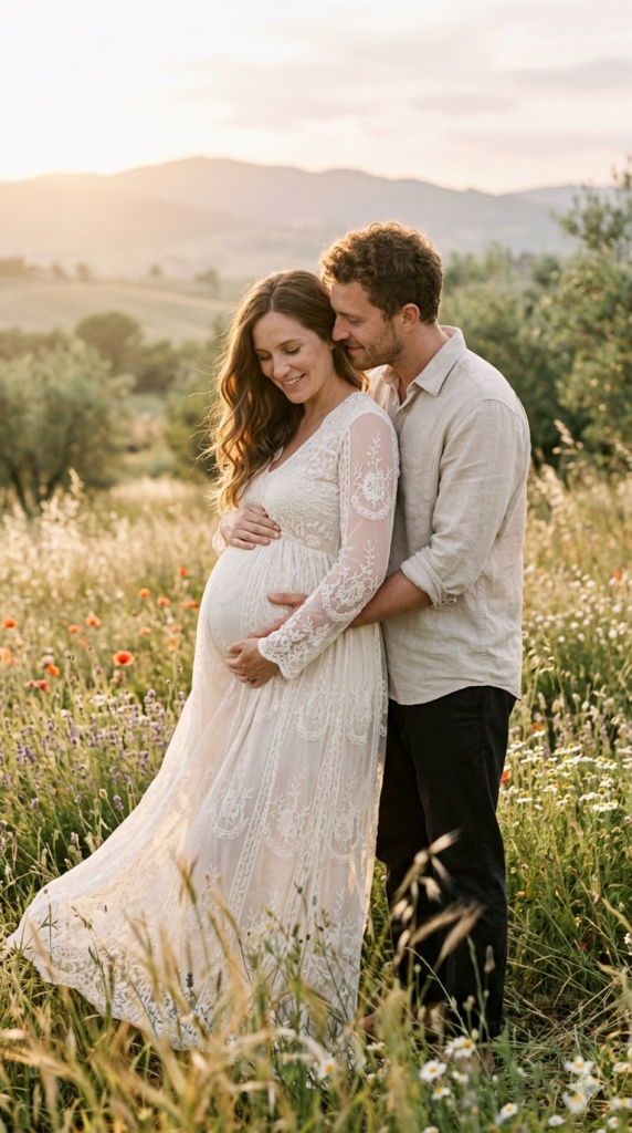The Golden Meadow Embrace Boho Wildflower Maternity AI Photography