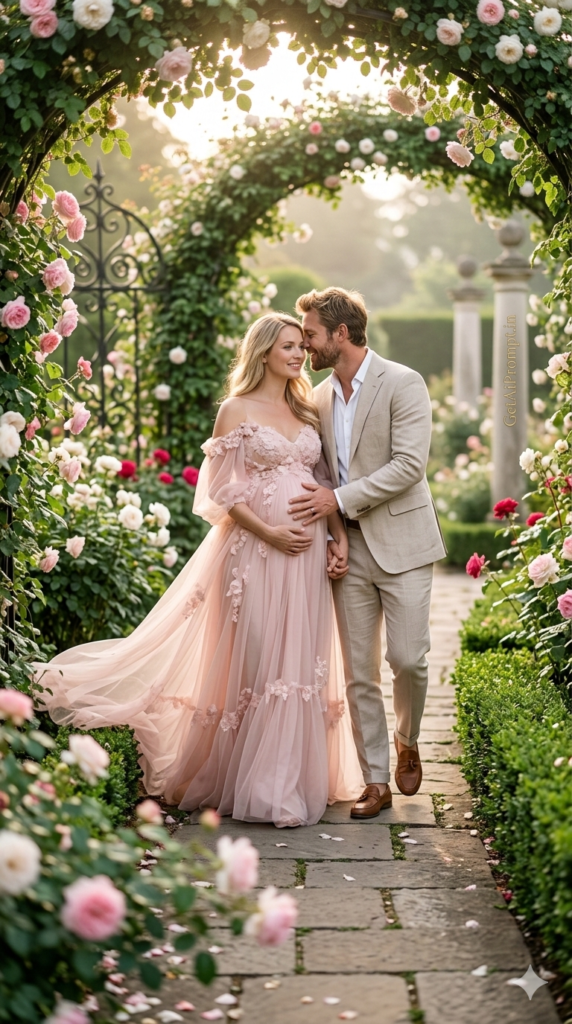 The Grand Floral Archway Walk Luxury Botanical Garden Maternity AI Prompt