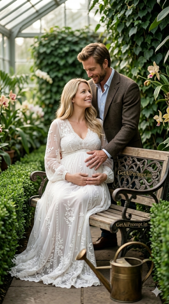 The Vintage Botanical Bench Portrait Classic Fine Art Maternity Photography AI Prompt