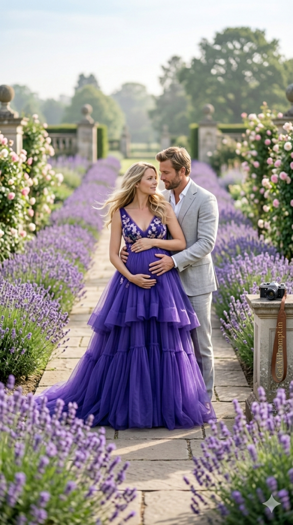 The Lavender Pathway Embrace Epic Majestic Outdoor Maternity Shot AI Prompt