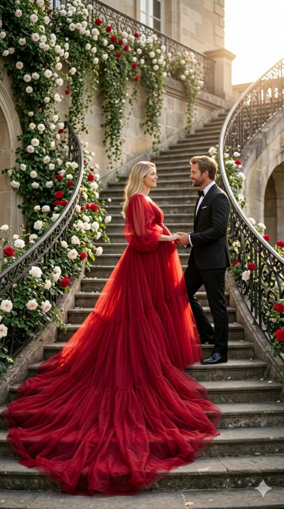 The Dramatic Floral Staircase Elegance Royal Maternity AI Photography Prompt
