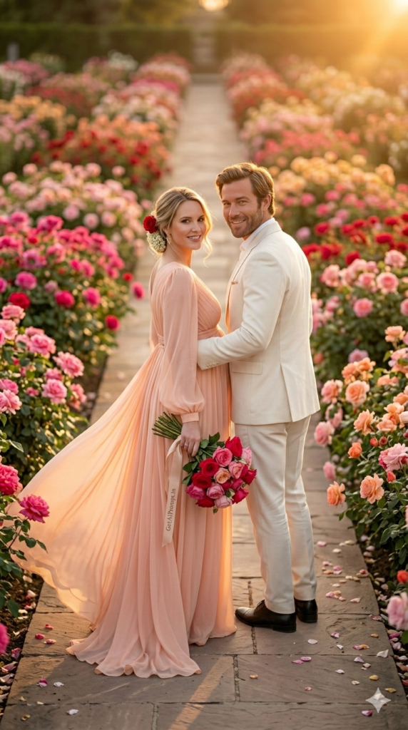 The Golden Hour Rose Garden Walk Cinematic Sunset Maternity Photo AI Prompt