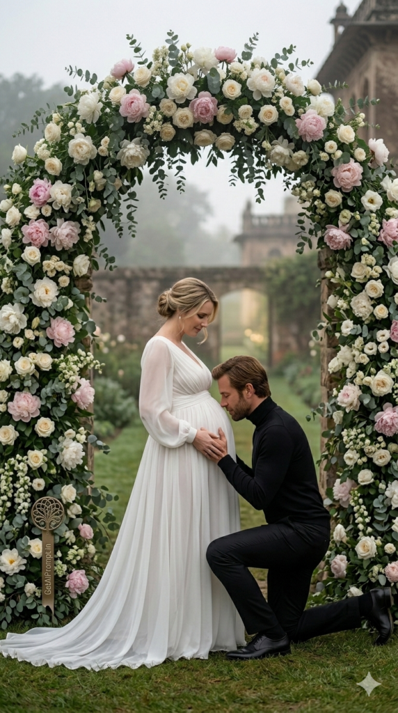 The Fine Art Floral Arch Kneeling Portrait Intimate Overcast Maternity AI Prompt