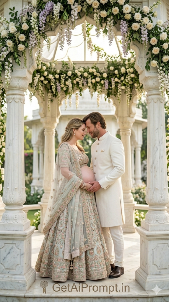 The White Garden Pavilion Portrait Architectural Editorial Maternity AI Prompt