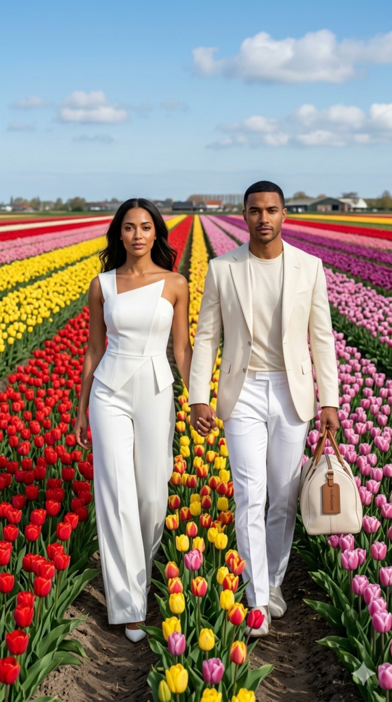 High-Fashion Depth Tulip Garden Pathway AI Couple Prompt
