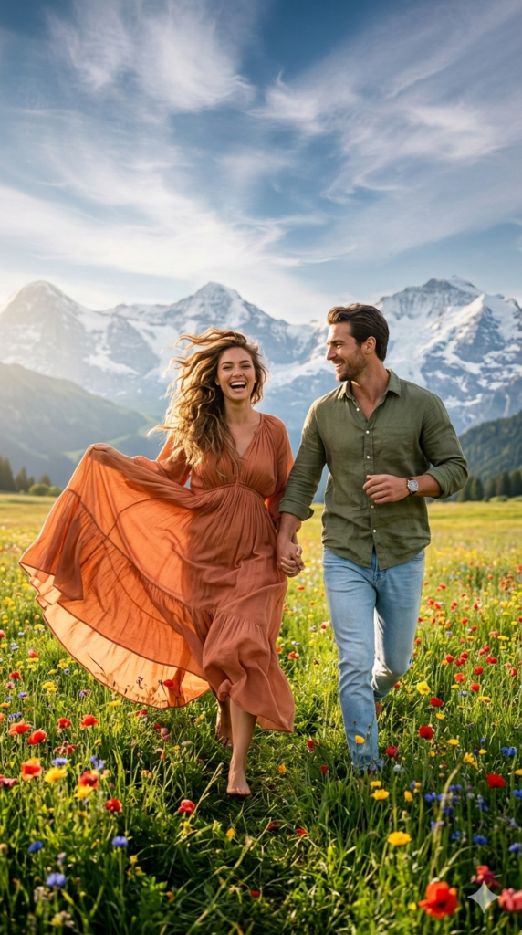 Dynamic Energy Running Through Flowers Spring Couple AI Generation