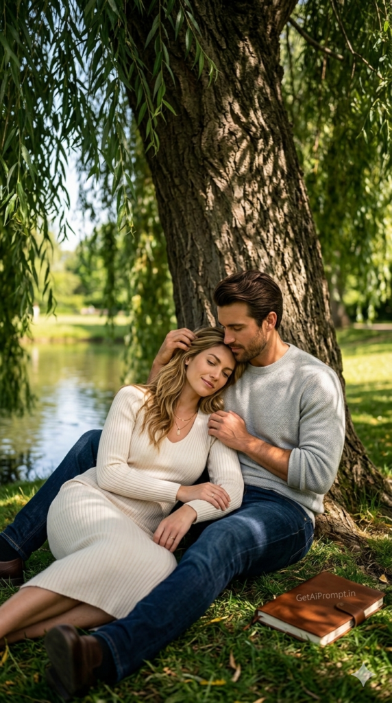 Cozy Lifestyle Tree Shade Love Moment AI Couple Portrait