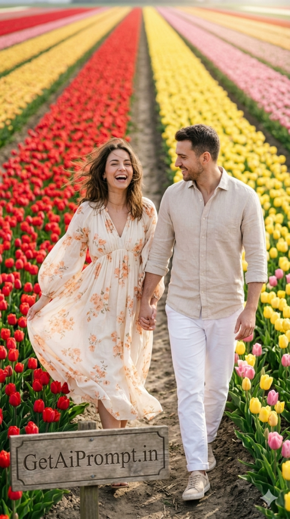 Tulip Field Romance AI Prompt Spring Couple Editorial Portrait
