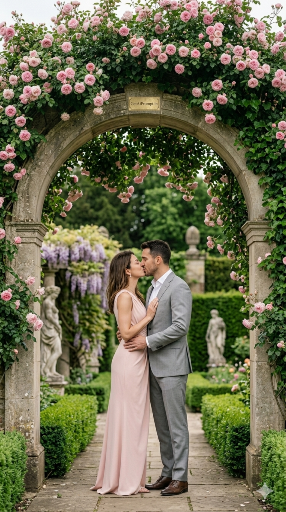 Garden Archway Kiss Old Money Luxury Wedding AI Prompt