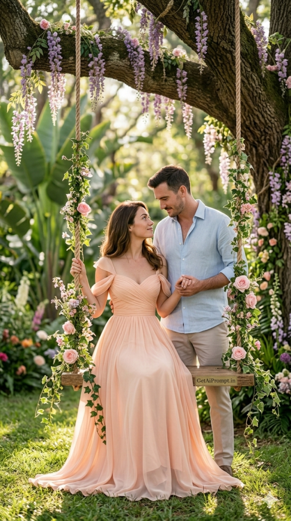 Whimsical Romance Flower Swing Moment AI Portrait Template