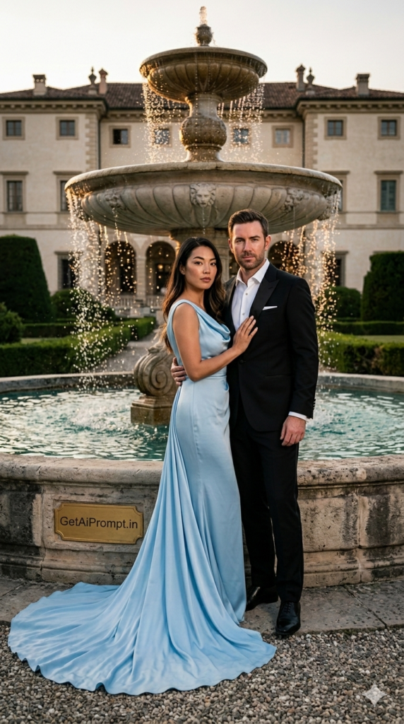 Fine-Art Grandeur Fountain Garden Elegance Formal Couple AI Portrait