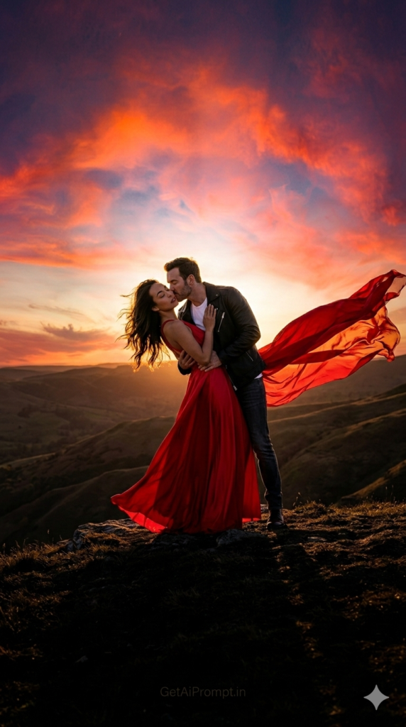 Epic Finale Sunset Hilltop Embrace Cinematic AI Portrait