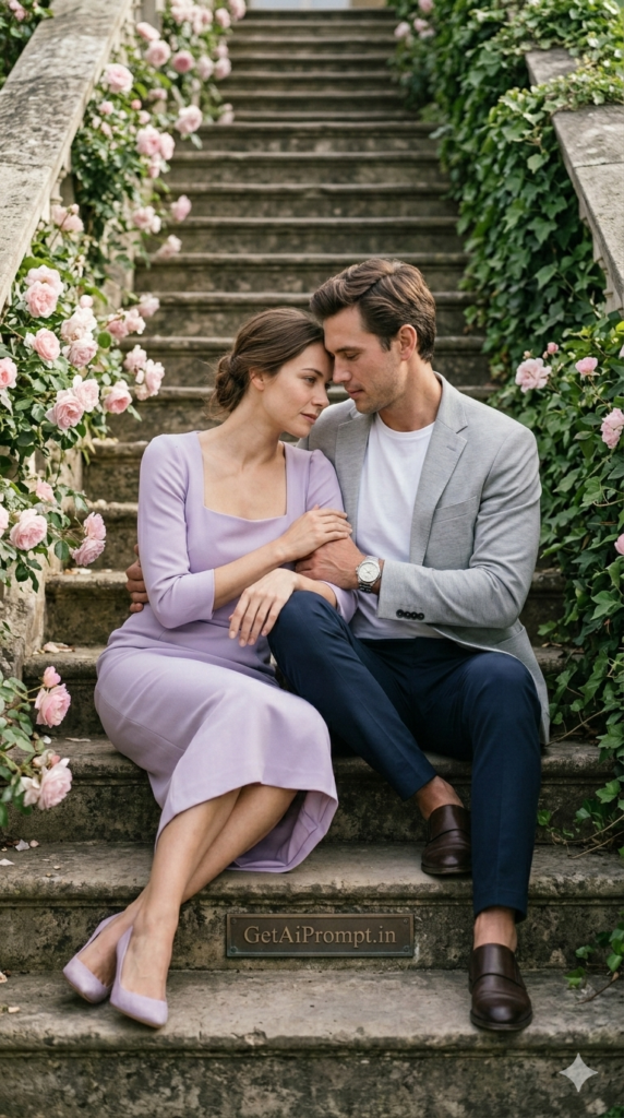 Classic Elegance Sitting Close Garden Steps Couple AI Prompt