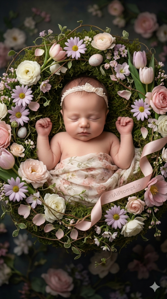 4 The Fine-Art Spring Flower Nest Fairytale Newborn Portrait