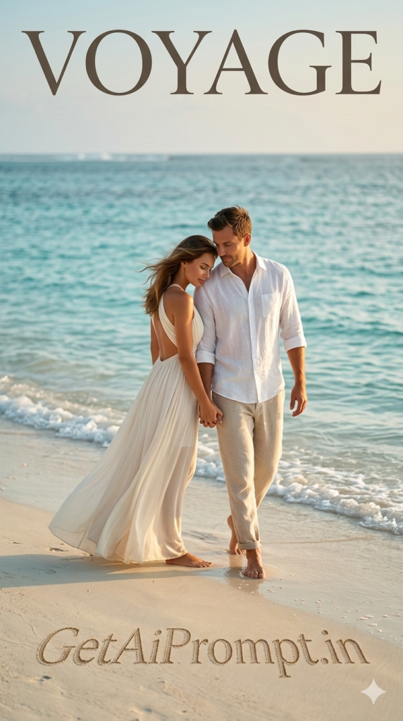 Golden Hour Shoreline Walk - Luxury Beach Couple Photoshoot AI Prompt