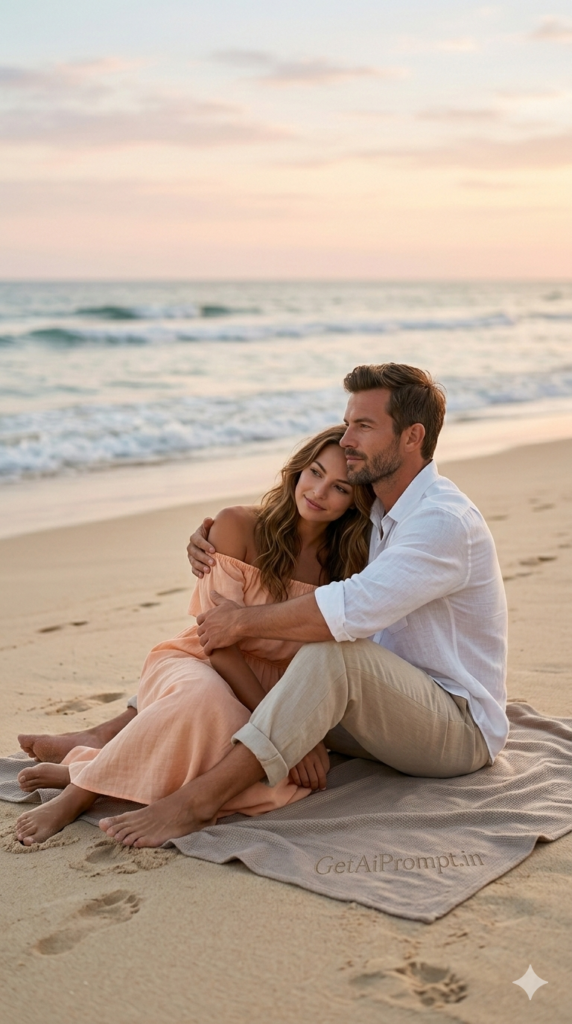 Sitting in the Sand Together - Cozy Bohemian Romance AI Image Generation
