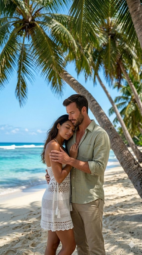 Couple Under Palm Tree - Tropical Paradise Elegance AI Prompt