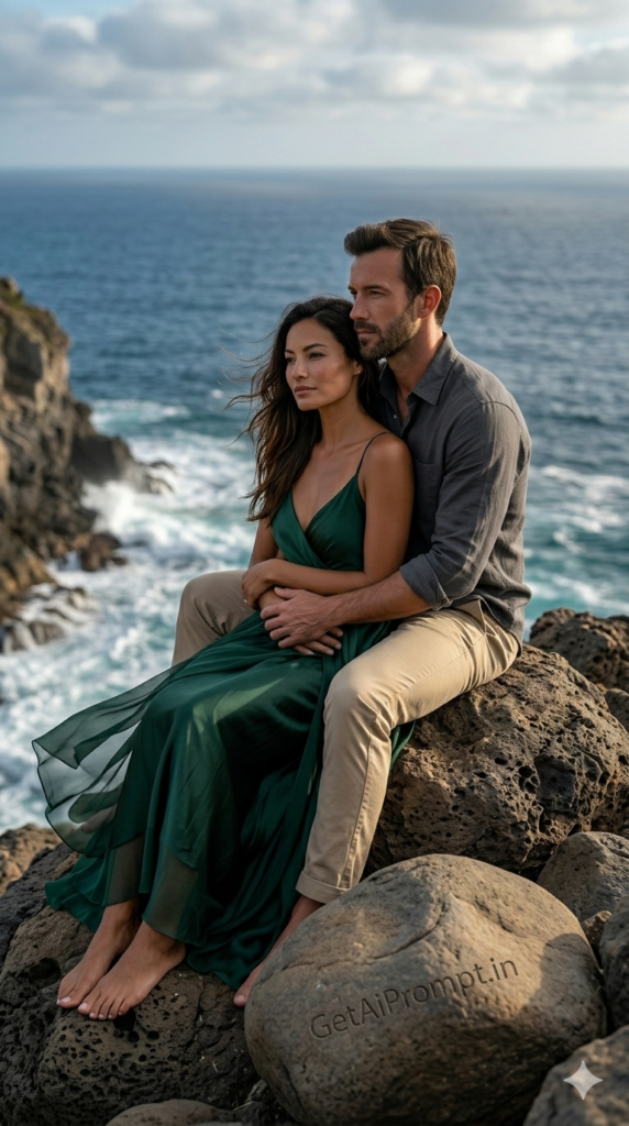 Seated Embrace on Coastal Rocks - Dramatic Coastal Editorial AI Prompt