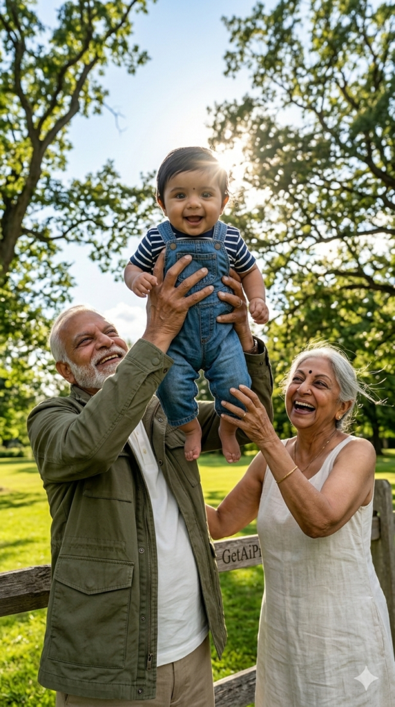 Pure Elevation Grandpa Lifting Baby AI Portrait