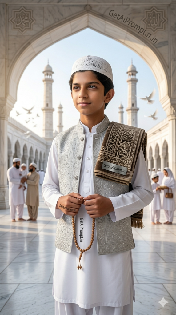 The Grand Mosque Courtyard Portrait Architectural Elegance AI