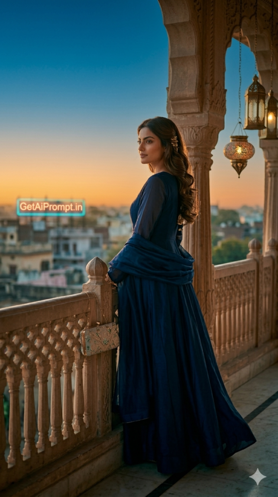 Elegant Balcony Eid Evening Portrait Golden Hour Fashion AI Prompts