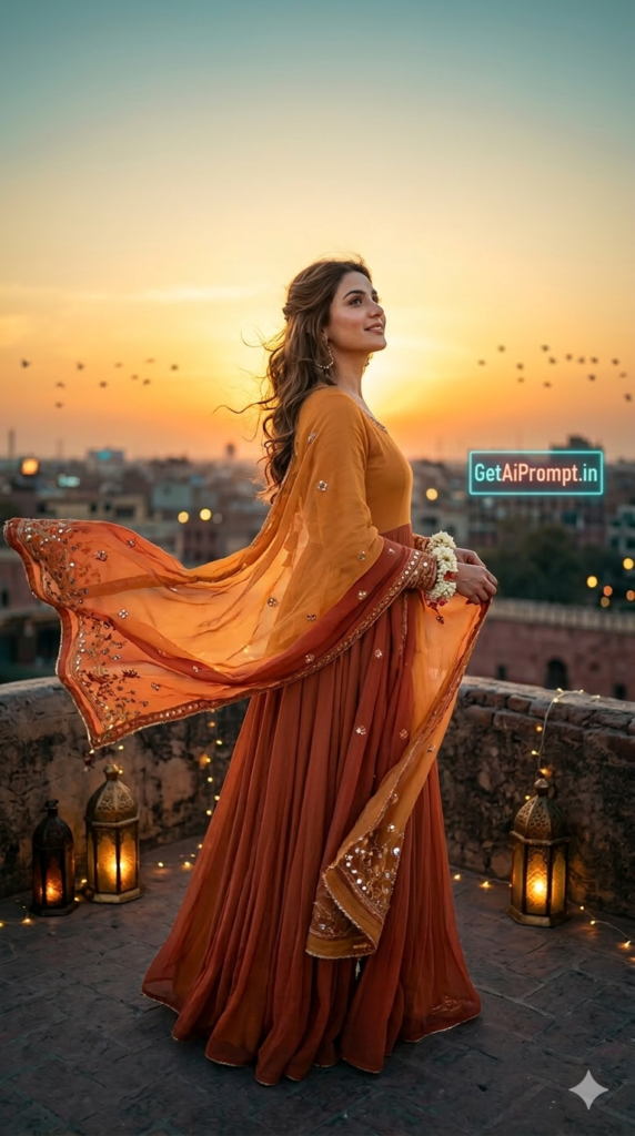 Eid Rooftop Sunset Portrait Golden Hour Fashion AI Prompts