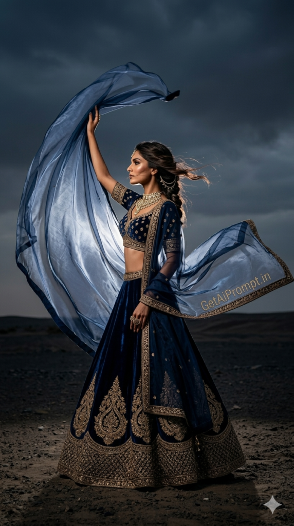 Dramatic Dupatta Flow Portrait Cinematic Fabric AI Prompt