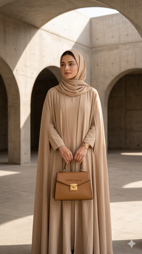 The Flowy Modest Earth Toned Abaya Minimalist Elegance AI Photography