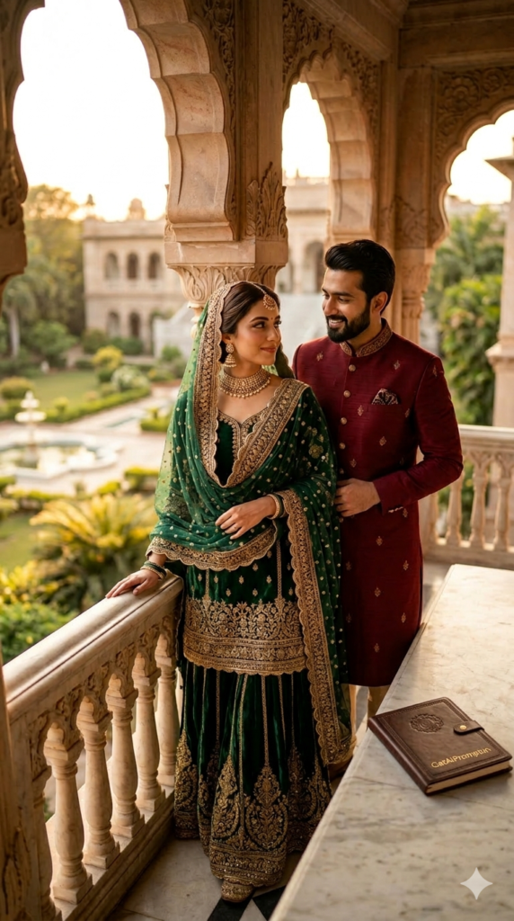Royal Eid Balcony Portrait, Luxury Modest Couple Photoshoot AI Prompt