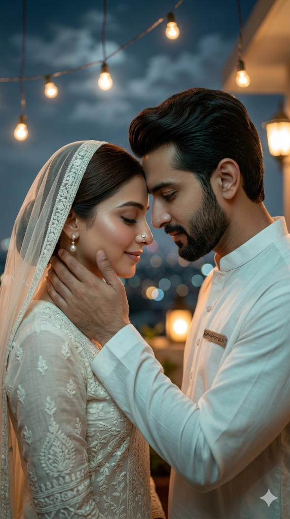 Intimate Eid Moonlight Close-Up, Emotional Couple Portrait Night AI Generation