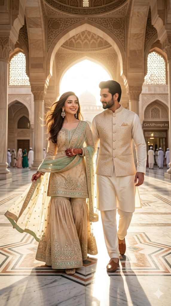 Grand Eid Walk Cinematic Motion, Dynamic Fashion Pose AI Photography Prompt