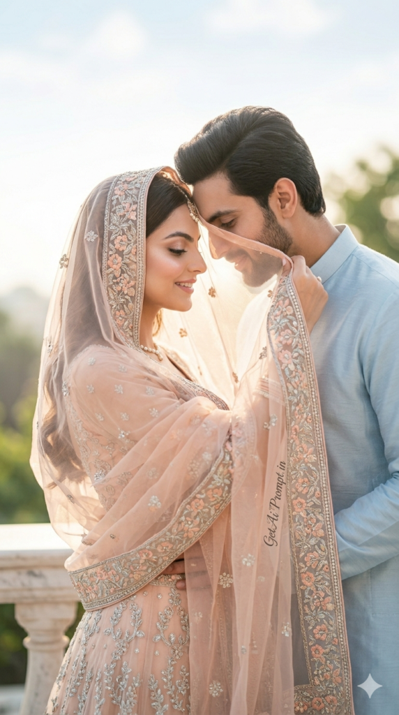 The Soft Dupatta Frame Shot, Ethereal Eid Couple Photography AI Prompt