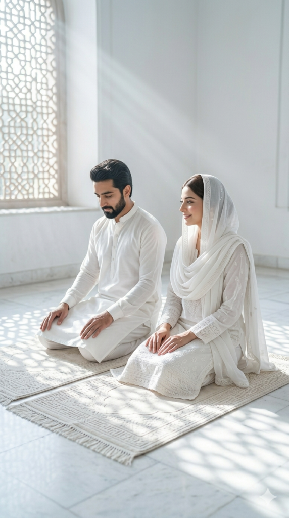The Eid Prayer Moment, Spiritual Muslim Couple Photoshoot AI Prompt