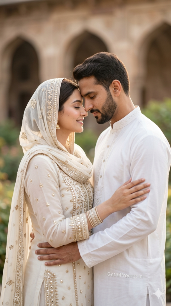 The Gentle Forehead Connection, Emotional Modest Muslim Couple Portrait AI Prompt