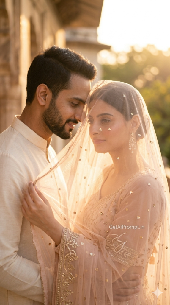 The Dupatta Veil Intimacy, Ethereal Sheer Fabric Romance AI Photography Prompt